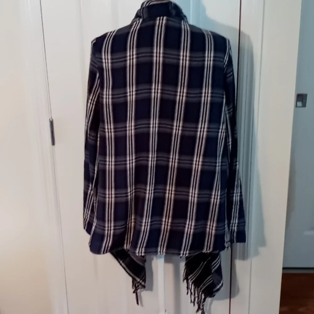 Anthropologie En Crème Fringed Open Cardigan Long Roll Tab Sleeve Med Navy/Cream - Picture 5 of 11
